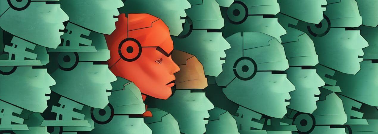 cabezas roja de robot entre cabezas de robot verdes