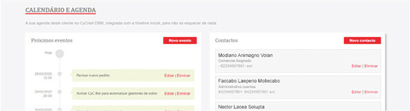 Caléndario e Agenda em no novo CyCred CRM