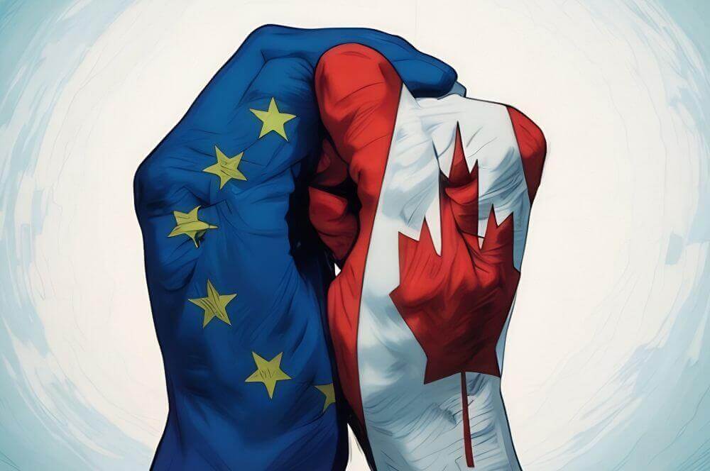 dos manos con las banderas de la Unión Europea y Canadá que simbolizan el cambio de aliado por la guerra comercial de Estados Unidos y Canadá