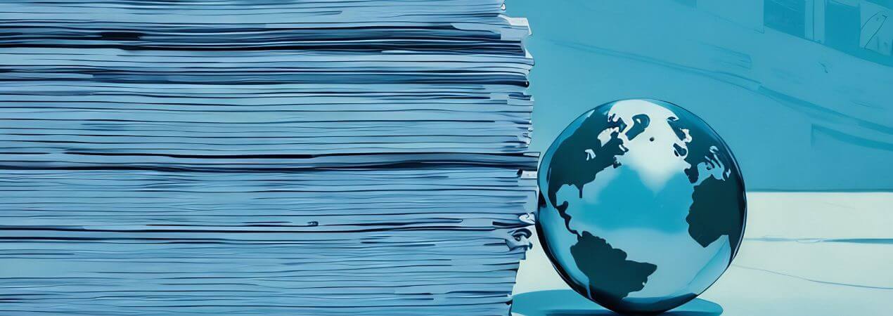 bola del mundo junto a montaña de papeles