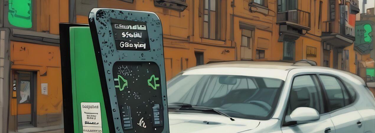 recarga de vehiculos electricos en una calle con un coche de fondo